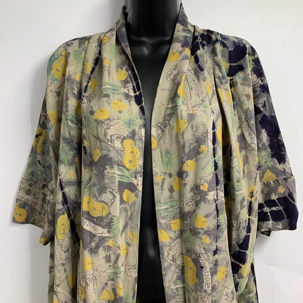 Citron Santa Monica Women's Tropical Pineapple‎ Silk Open Front Cardigan Size S